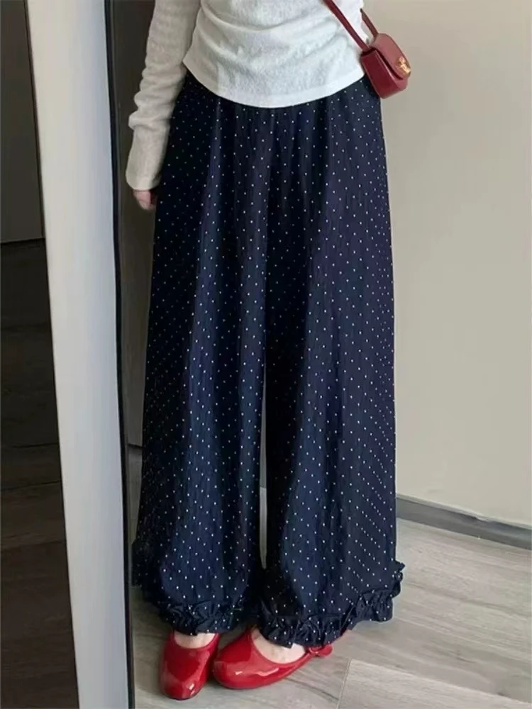 春夏新款高腰显瘦波点花边九分直筒休闲女裤