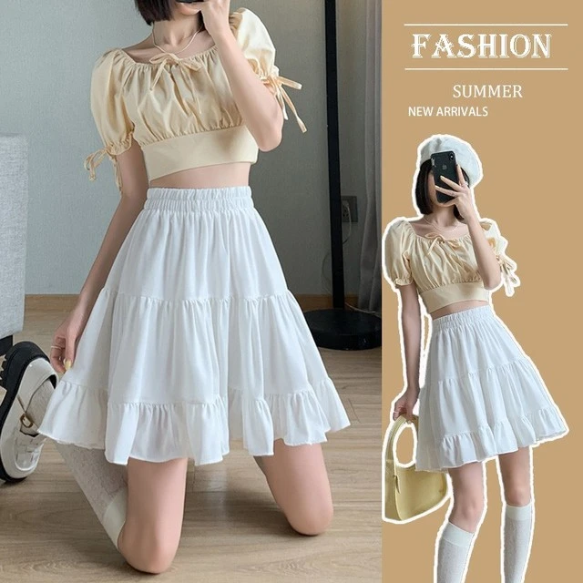白色雪纺短裙女夏季2025新款高腰显瘦荷叶边伞裙a字百褶半身裙裤