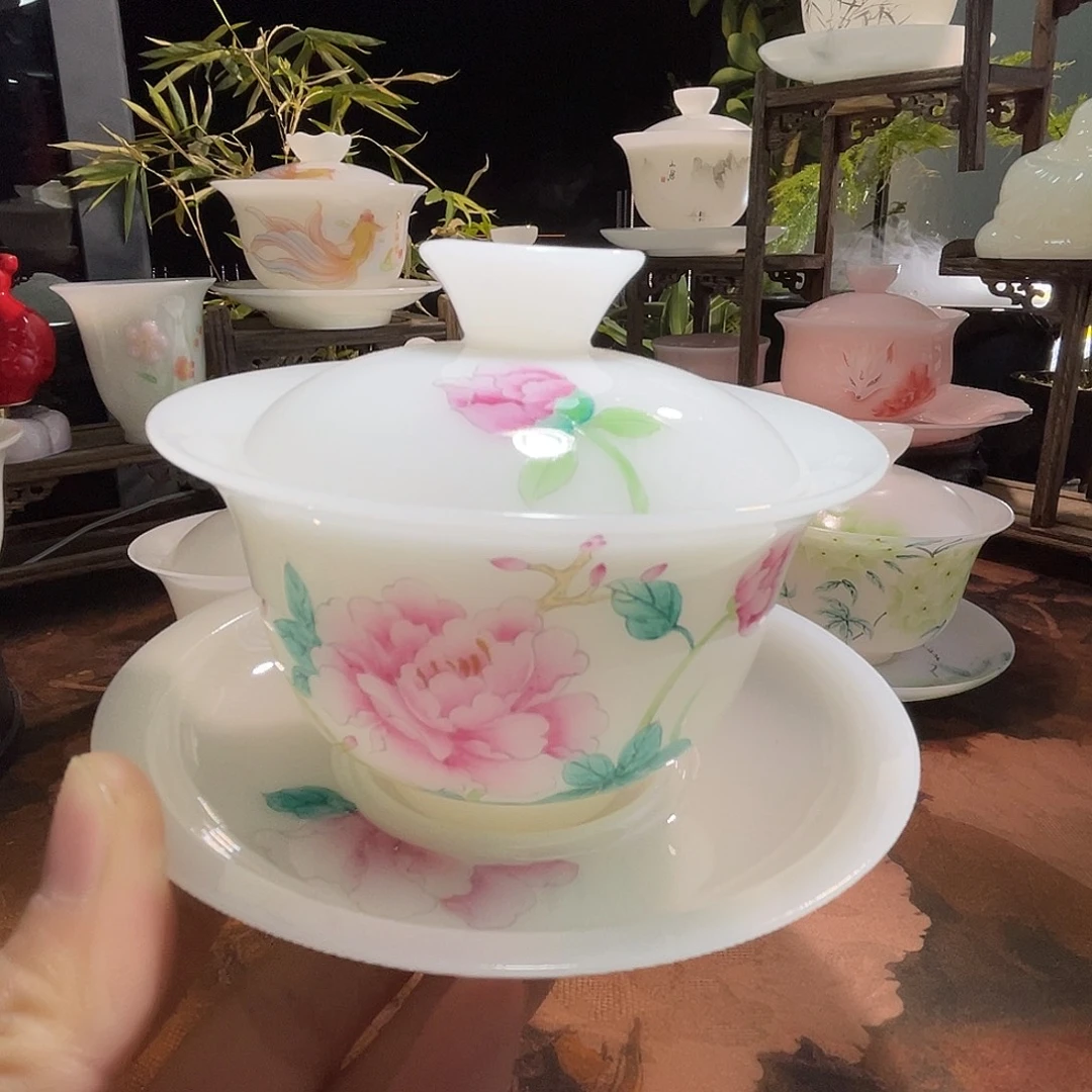 璞玉釉烧手绘淡月栖花三才元宝150ml