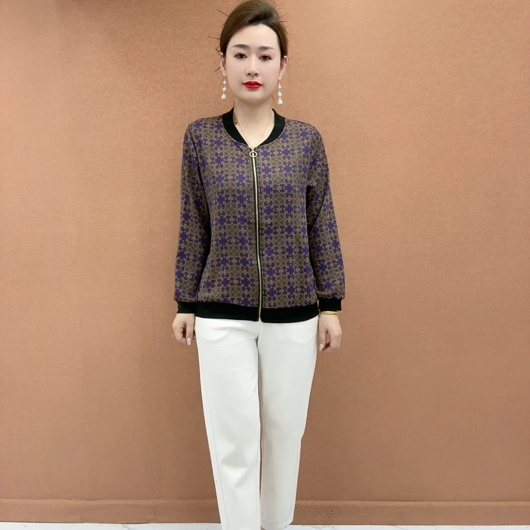 时尚妈妈装印花开衫长袖外套春夏新款大码宽松百搭棒球服女