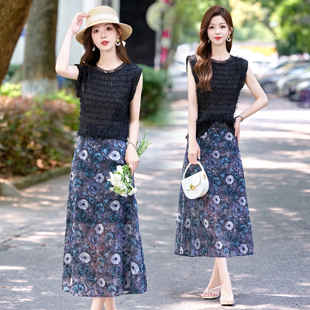 小香风无袖流苏衬衫套装女2025年夏季新款高级感印花半身裙两件套