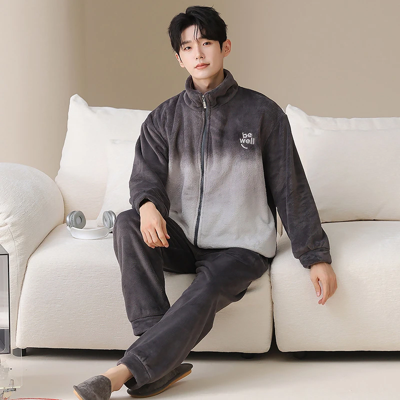 【店主优选】珊瑚绒拉链款男士长袖睡衣秋冬季加厚加绒男款家居服保