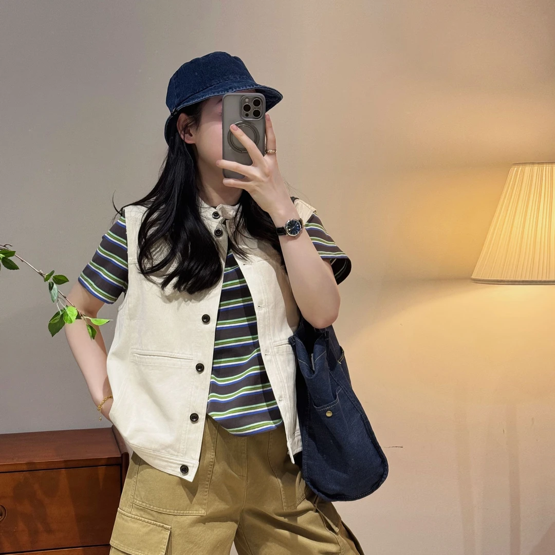 今婷时尚休闲潮流百搭舒适复古宽松纯色无袖立领马甲女-M25102343