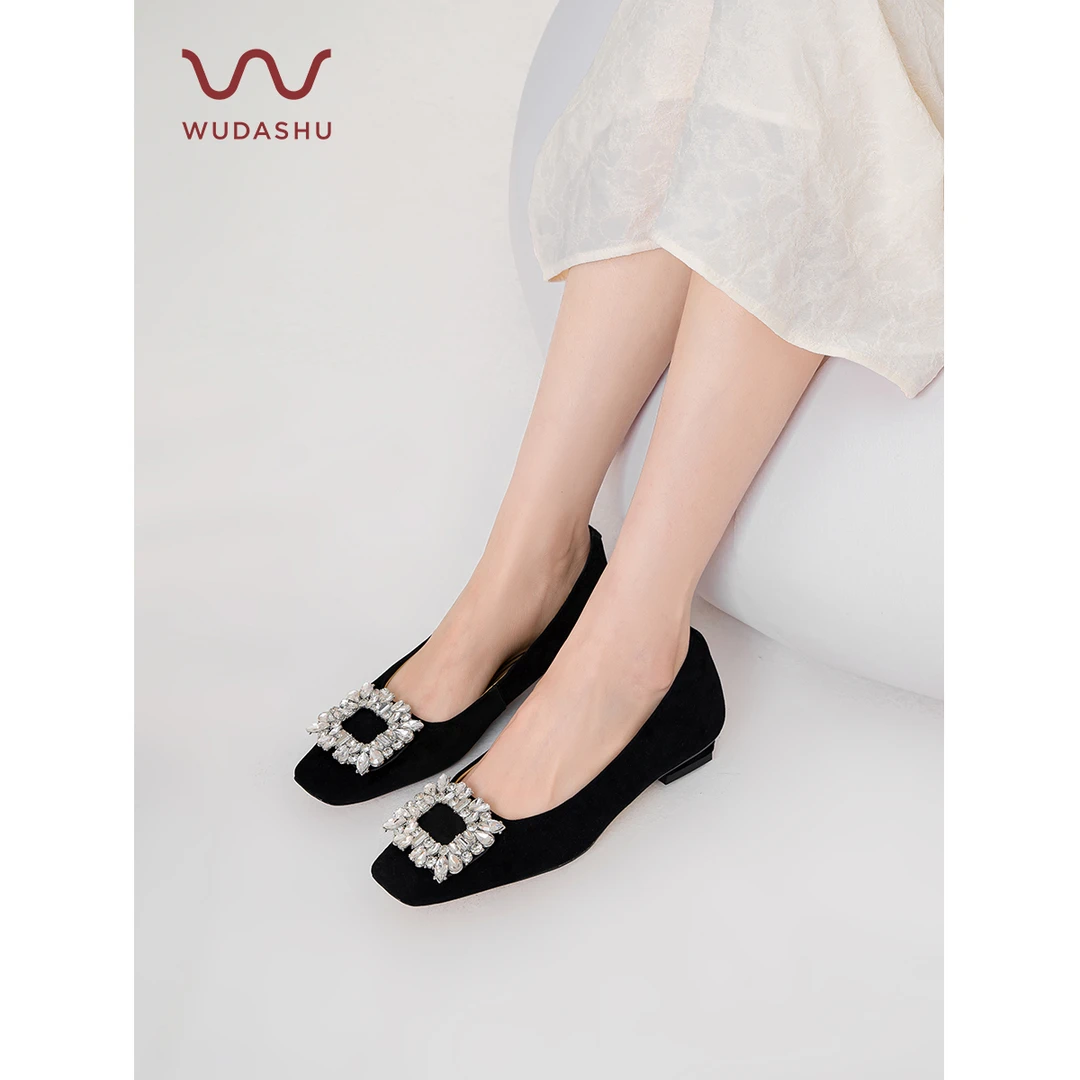 吴大叔2025年春季新款低跟方头单鞋女浅口气质方扣舒适工作鞋D024