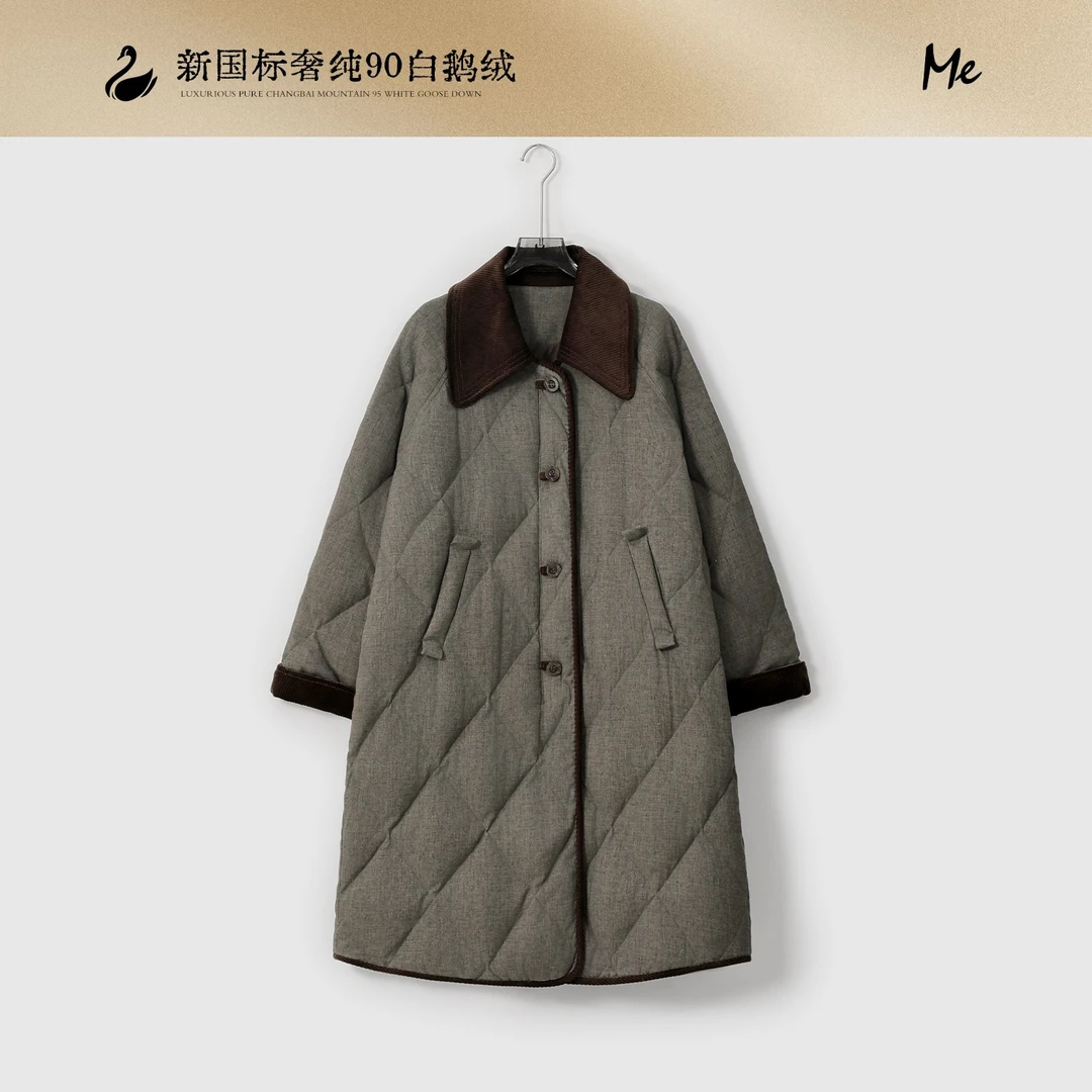 ME【巴恩火柴人】白鹅绒灯芯绒拼接时尚中长款保暖羽绒服MESA6269