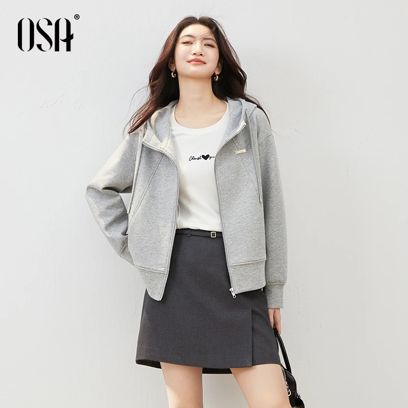 OSA/欧莎 空气慵懒感连帽卫衣外套女休闲宽松拉链开衫S125C25001