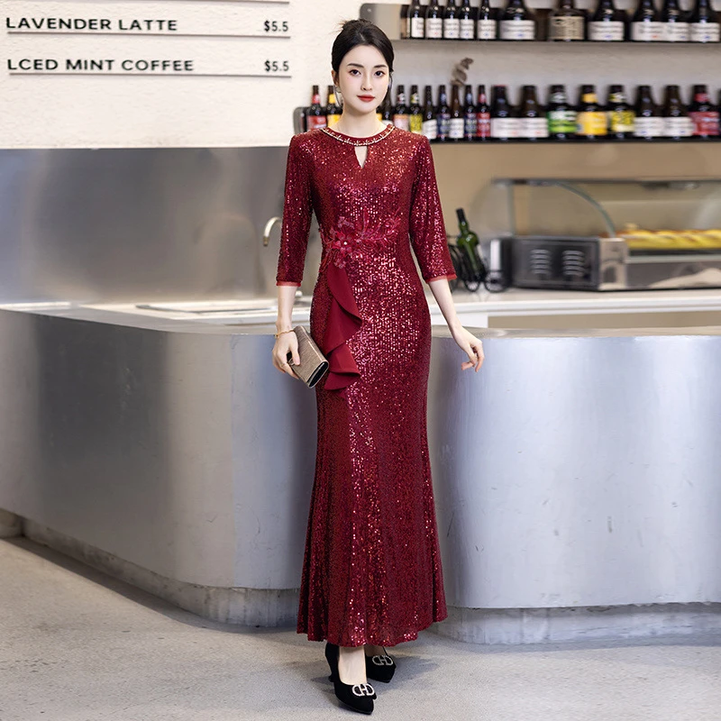 高端喜婆婆婚宴装旗袍2024新款年轻妈妈婚礼晚礼服高贵鱼尾春夏季