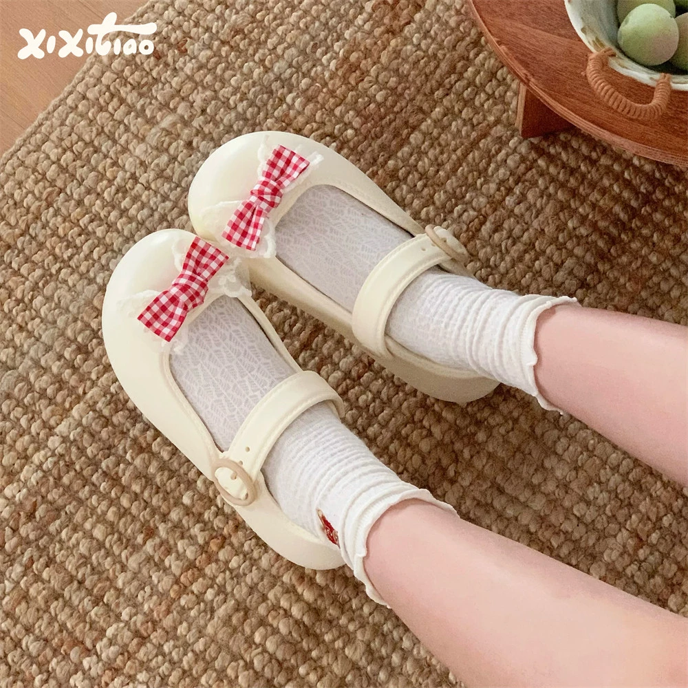 细细条 甜美格子蝴蝶结芭蕾舞单鞋凉鞋女夏软厚底度假lo玛丽珍鞋