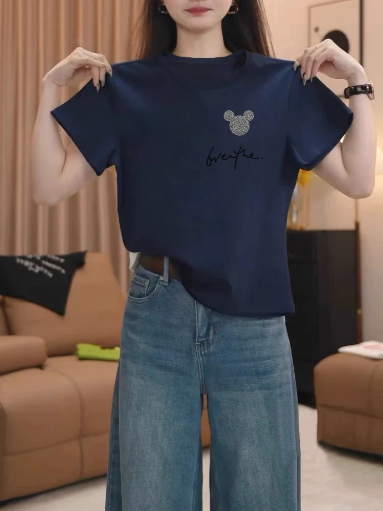 2025新款正肩棉质短袖t恤女时尚百搭洋气藏青色上衣打底衫夏季潮