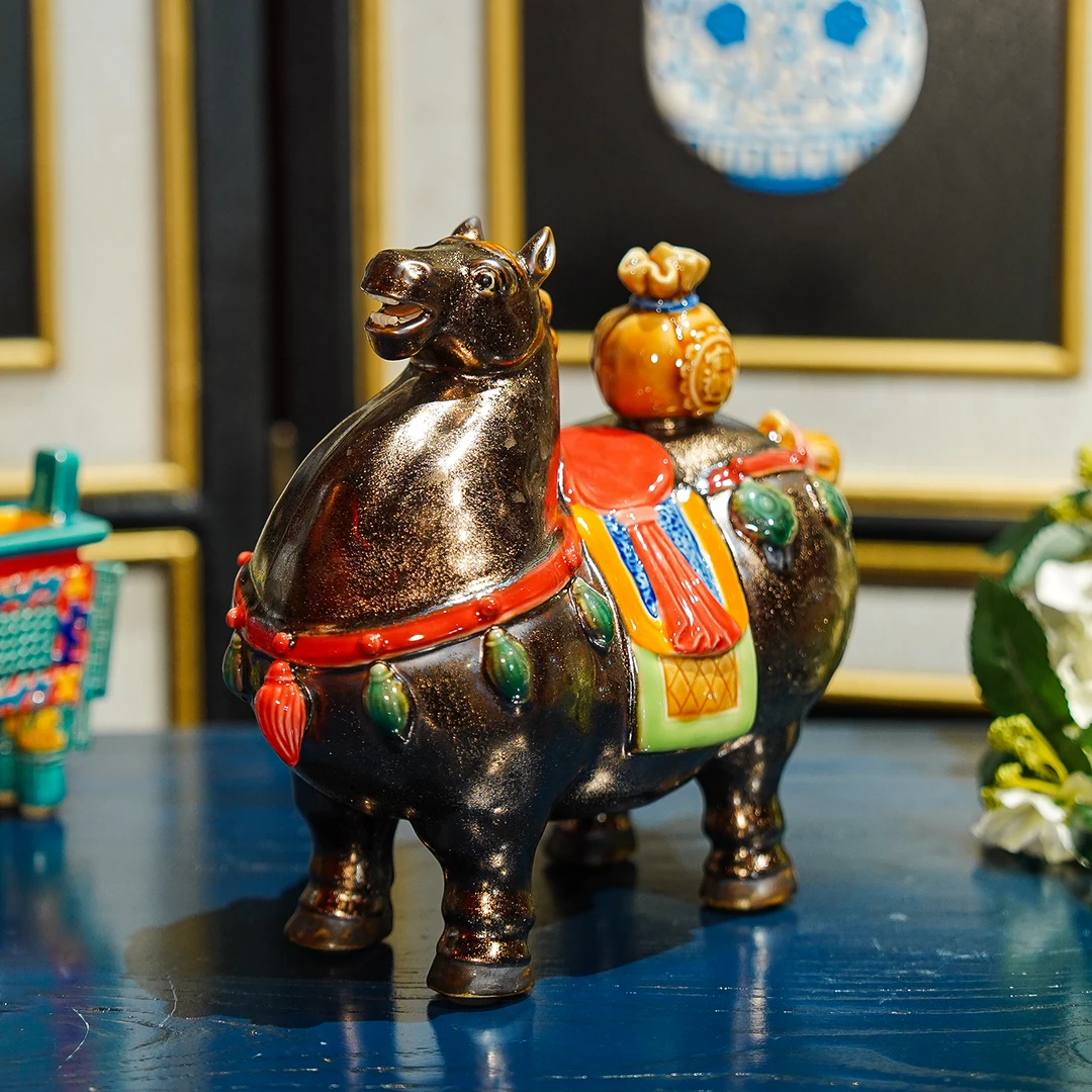 【本尼家】AM50非遗手工石湾陶瓷古铜色生肖唐马装饰桌面玄关摆件