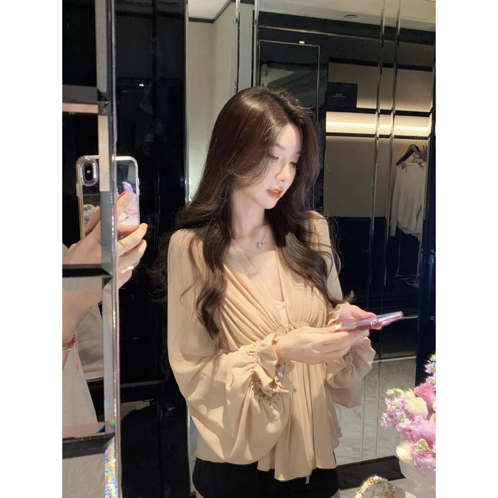 v领雪纺长袖衬衫女春秋法式收腰显瘦气质设计感纯欲性感短款上衣
