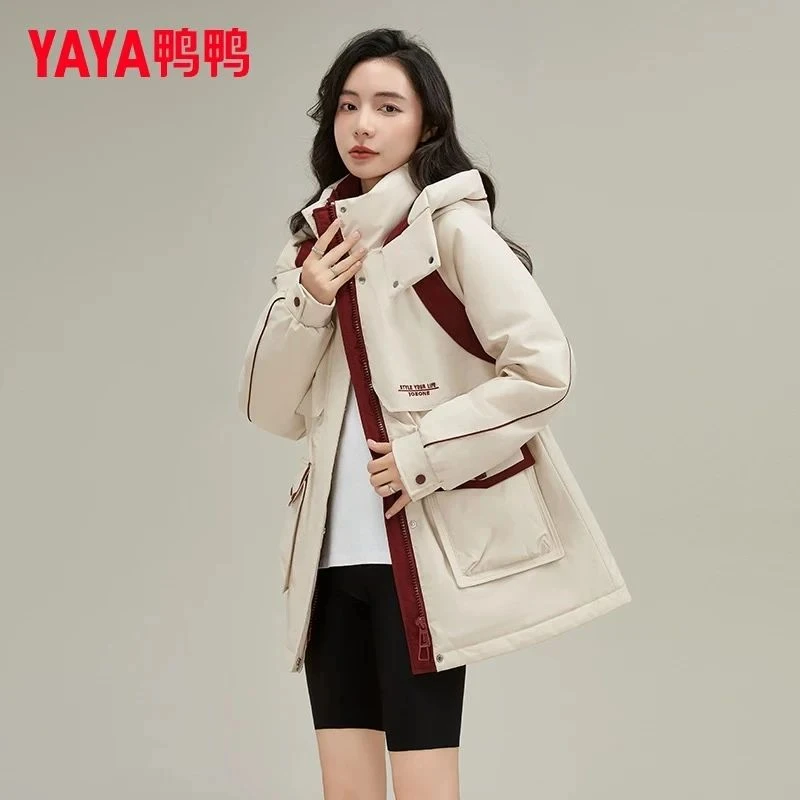 YAYA/鸭鸭时尚防风保暖中长款撞色派克加厚羽绒服YE4B616215L