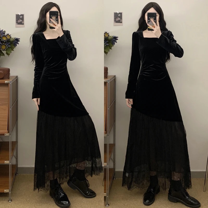 大码胖mm法式赫本风蕾丝拼接丝绒连衣裙黑色显瘦气质打底长裙女