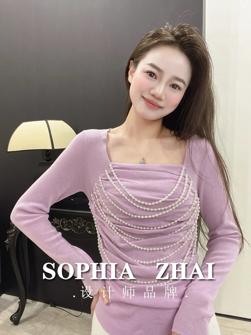 SOPHIA ZHAI 设计院 珍珠链法式方领大女主百搭时尚款羊毛打底衫