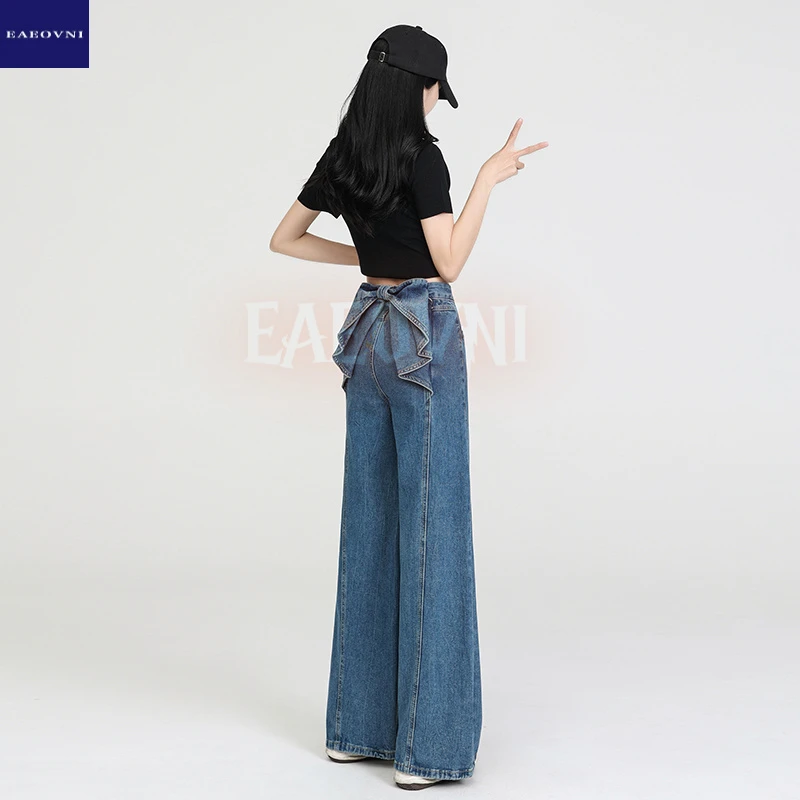 EAEOVNI现货蓝色蝴蝶结牛仔裤女新款复古直筒喇叭裤高腰长裤1998