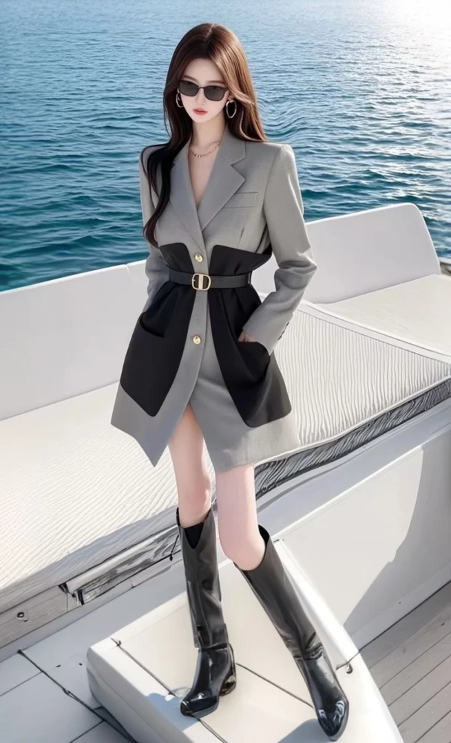 SS1043高级感撞色拼接西装外套裙女英伦风收腰气质御姐炸街连衣裙