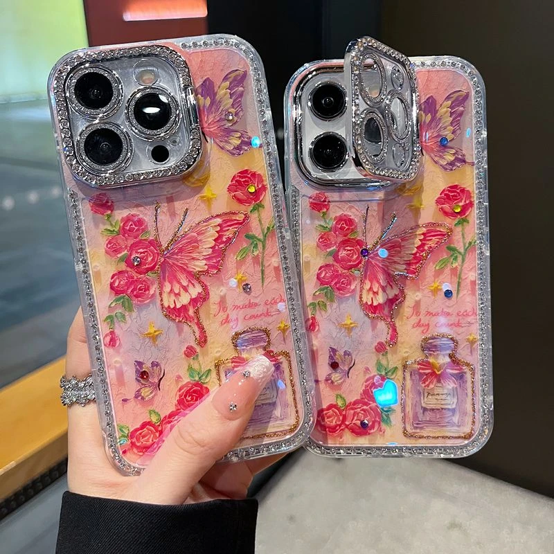适用苹果系列iPhone16新款手机壳梦幻玫瑰蝴蝶全包镜头膜钻框支架