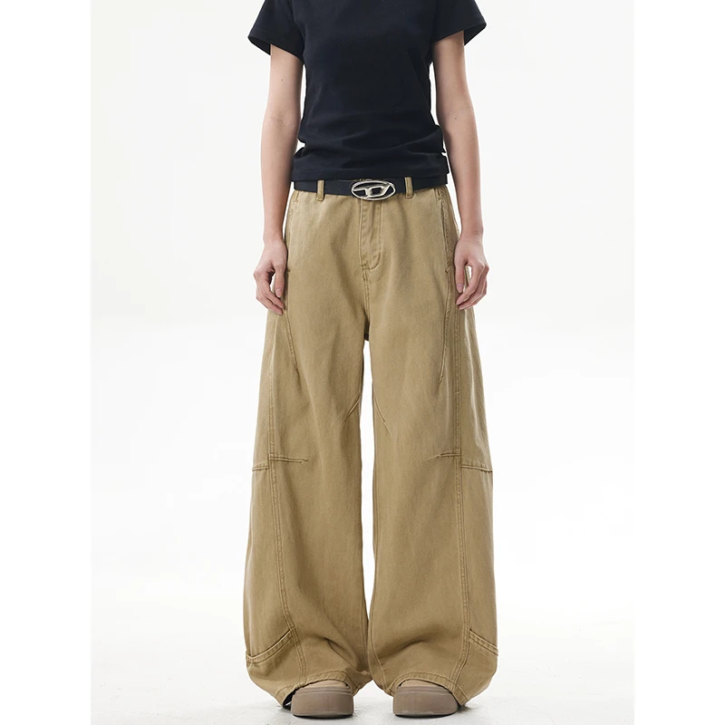 卡其色拼接工装牛仔裤女夏季新款高腰宽松阔腿显瘦百搭直筒长裤子