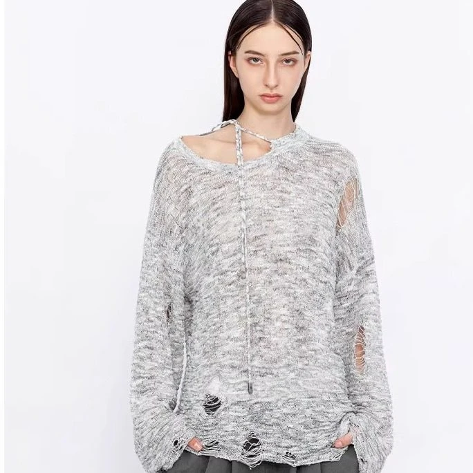 【张予曦同款】SENSEAWEEK秋冬新品不对称系带破坏感宽松针织衫