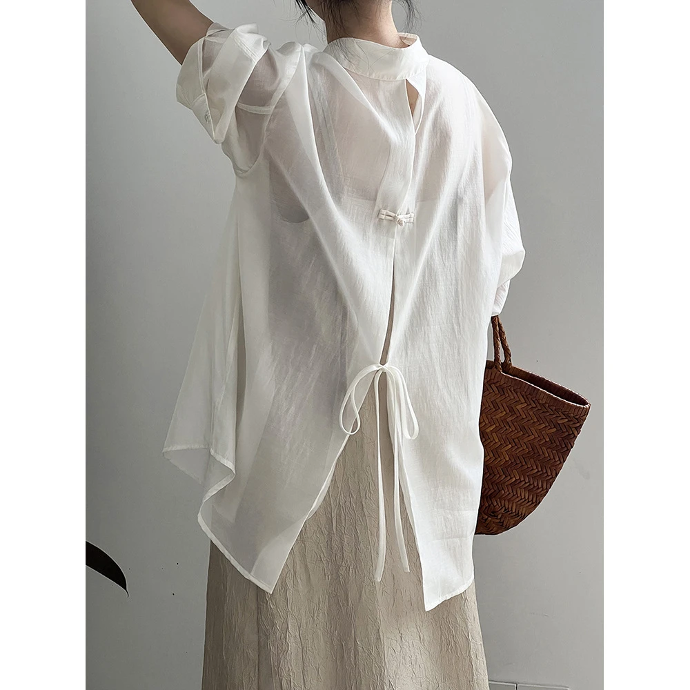 中式盘扣轻薄防晒衬衫女2025夏季新款后背开叉衬衣上衣设计感