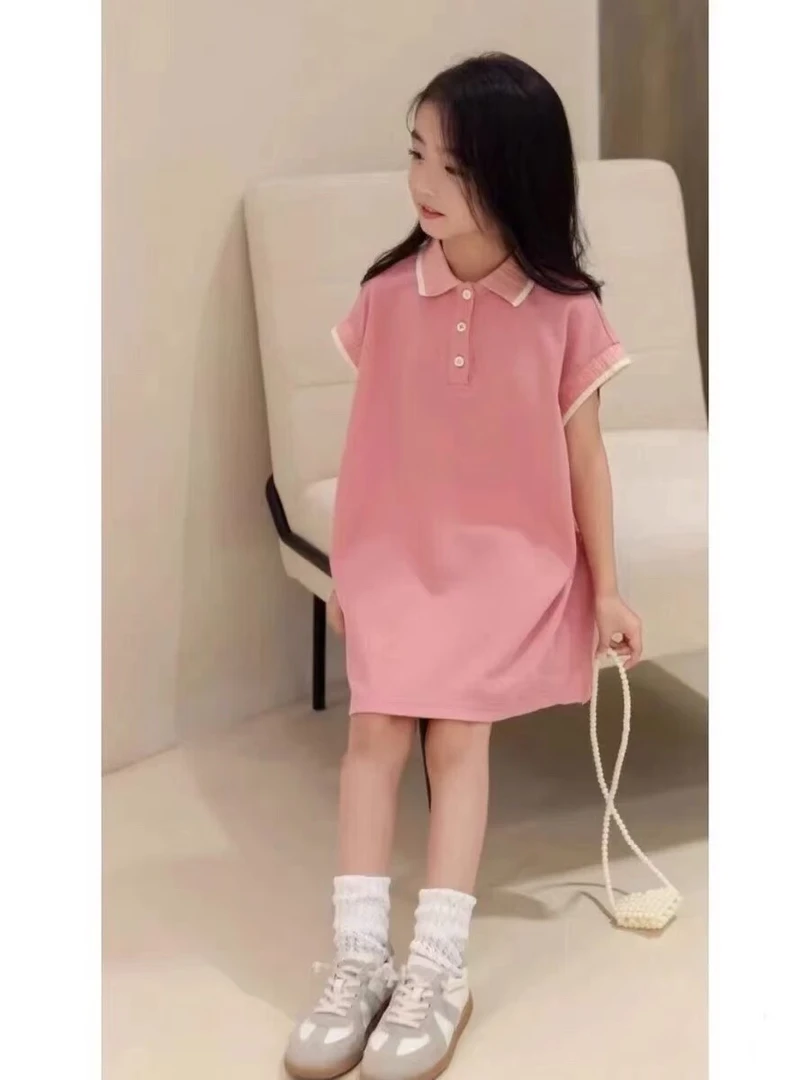 800023童装女童连衣裙2025夏季新儿童洋气珠地棉POLO领公主连衣裙