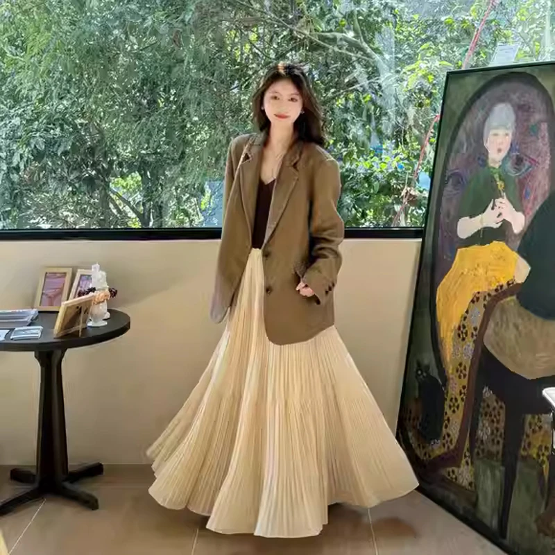 紫色雪纺半身裙女春夏高腰显瘦a字百褶伞裙温柔风长款仙女蛋糕裙