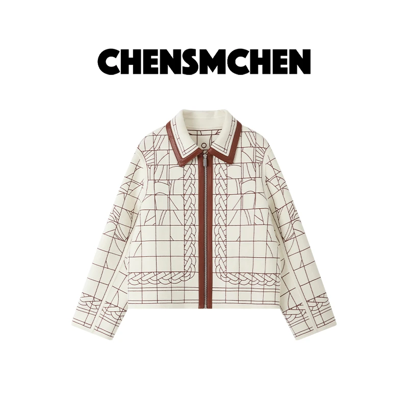 CHENSMCHEN 绵羊毛拼皮翻领外套女复古时尚休闲百搭上衣CSD9222MX