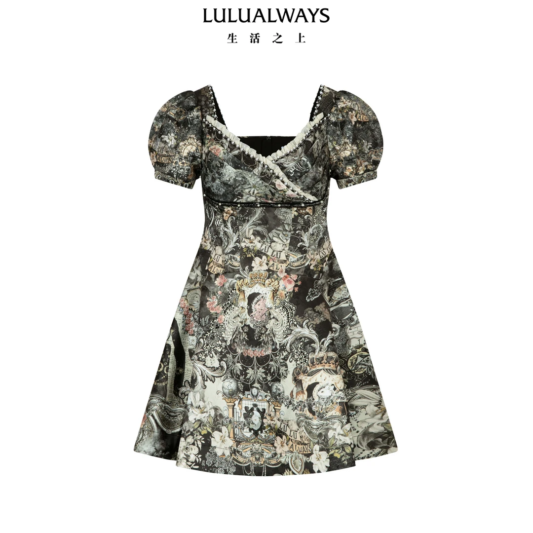 LULUALWAYS我爱露露25夏季新款法式复古提花珍珠木耳边气质连衣裙