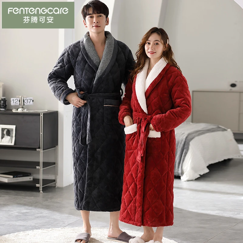 芬腾可安睡袍女秋冬款加厚三层夹棉情侣睡袍珊瑚绒保暖睡衣男士加