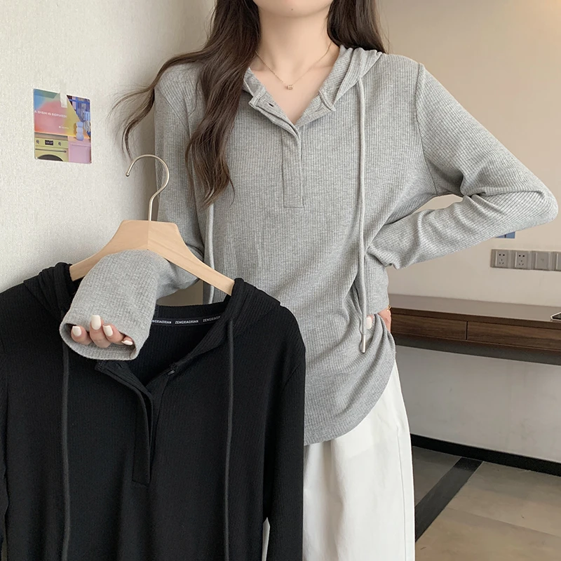 8769大码女装2023春装新款洋气连帽长袖上衣胖mm宽松遮肚打底衫潮