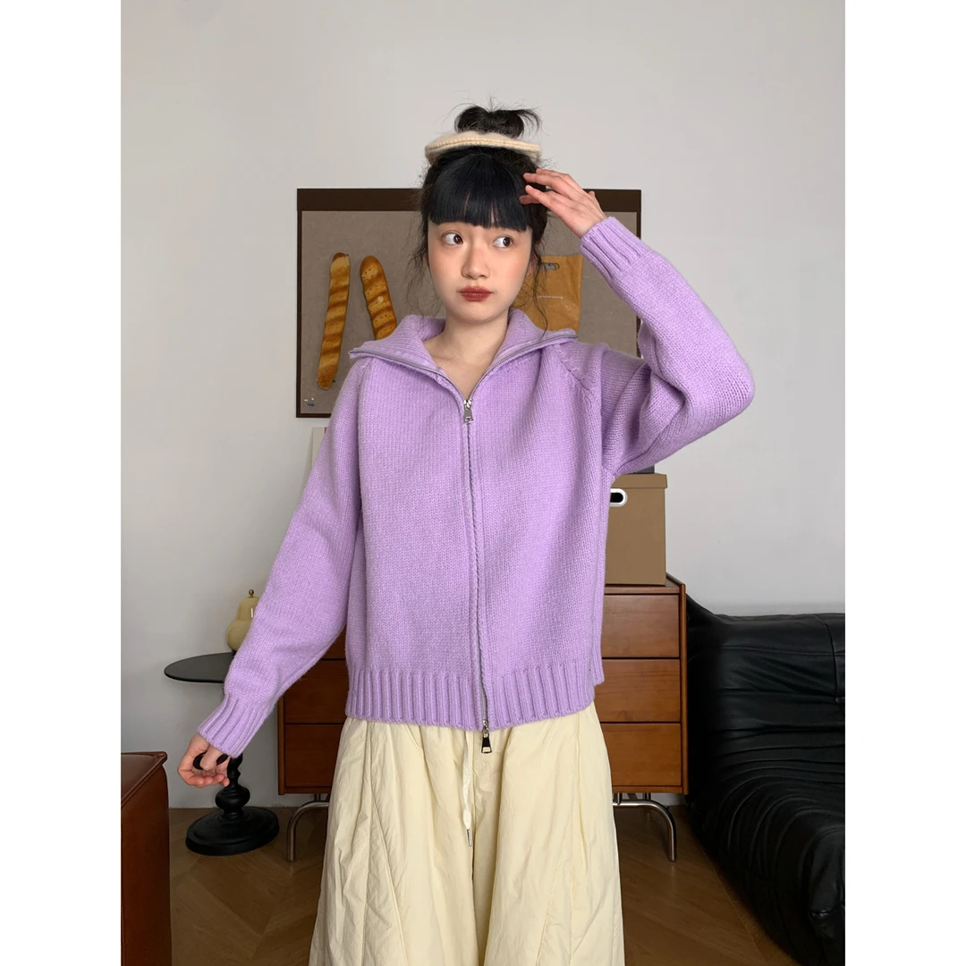 洋气蓝色显白拉链毛衣外套女韩版2025秋冬新款宽松百搭毛线开衫潮