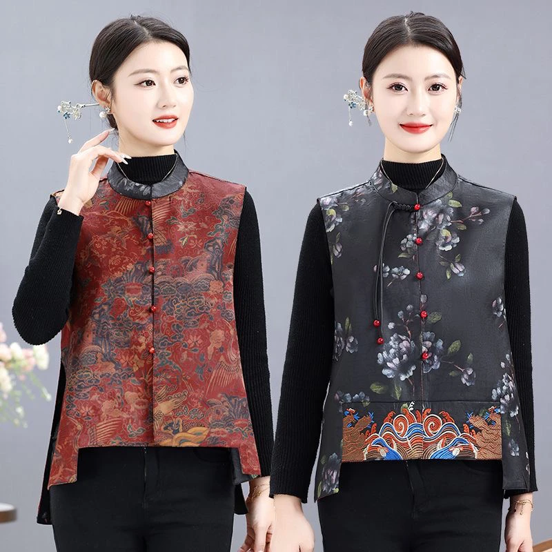 新款中式复古国风民族风双面穿刺绣马甲气质妈妈坎肩外套唐装马夹