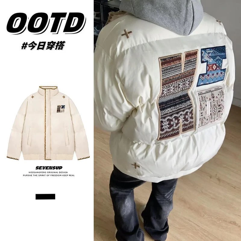 【KID刺绣】美式街头刺绣加厚棉服男女秋冬国潮棉衣保暖面包服外套