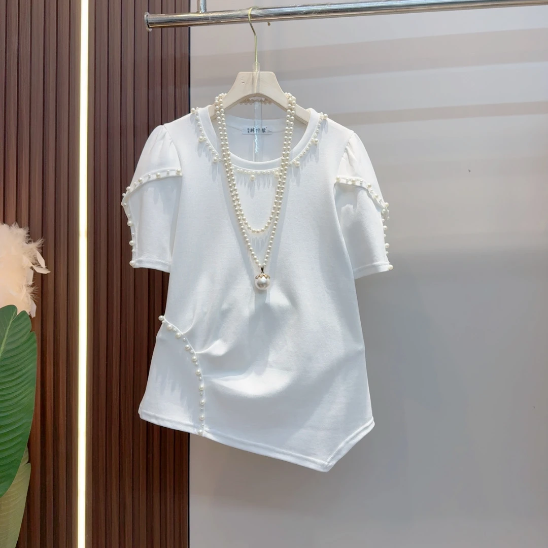 欧货时尚重工拼接褶皱气质简约圆领潮流T恤上衣