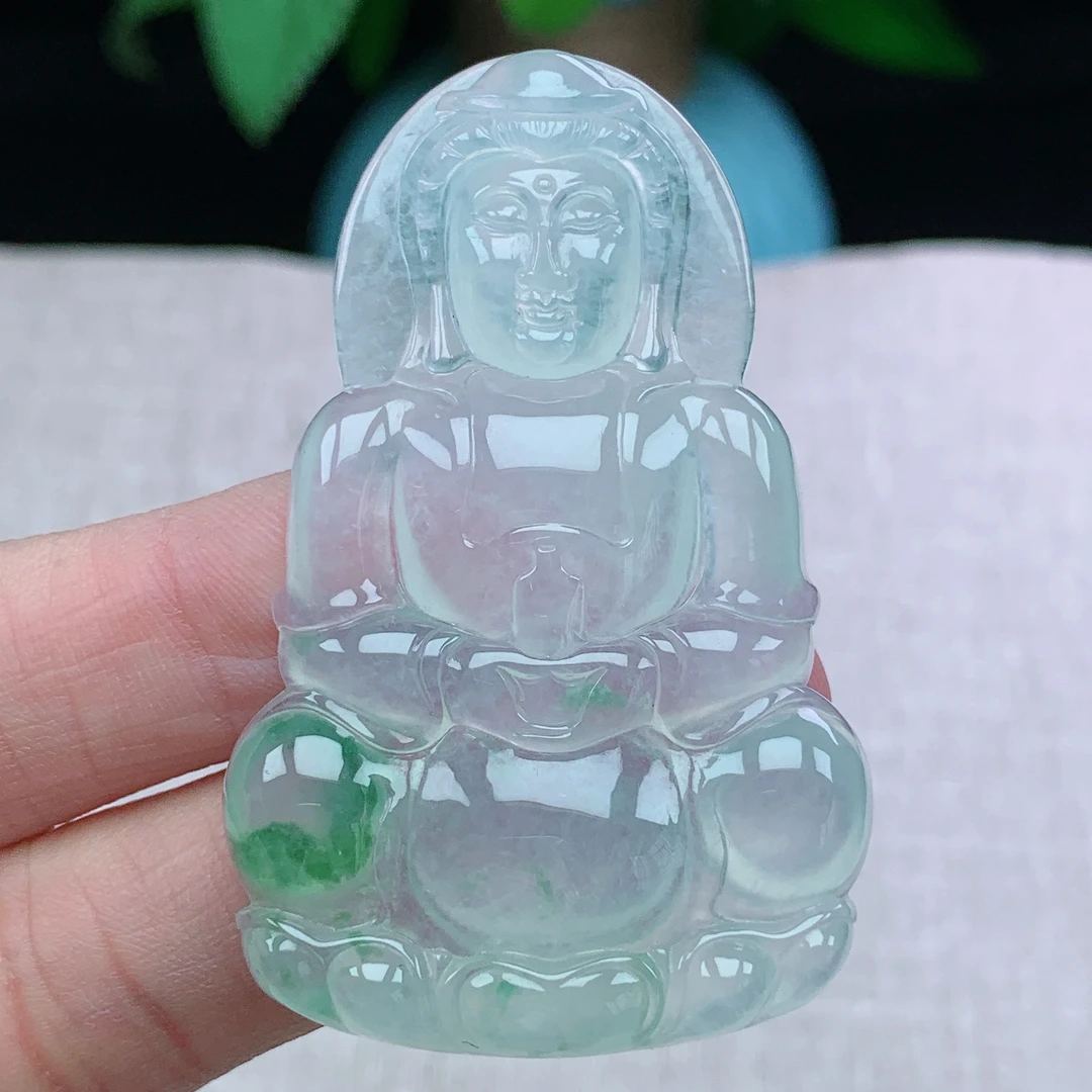 5缅甸天然翡翠A货58.5-37.2-6.3玉石老坑冰种飘花观音菩萨吊坠