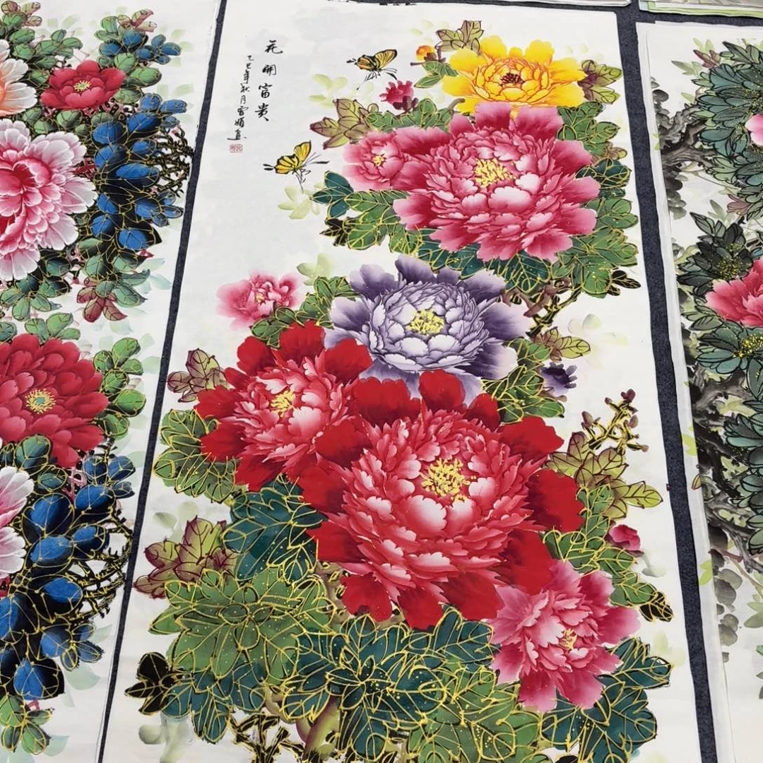 国画140×70千层金线牡丹手绘画画画