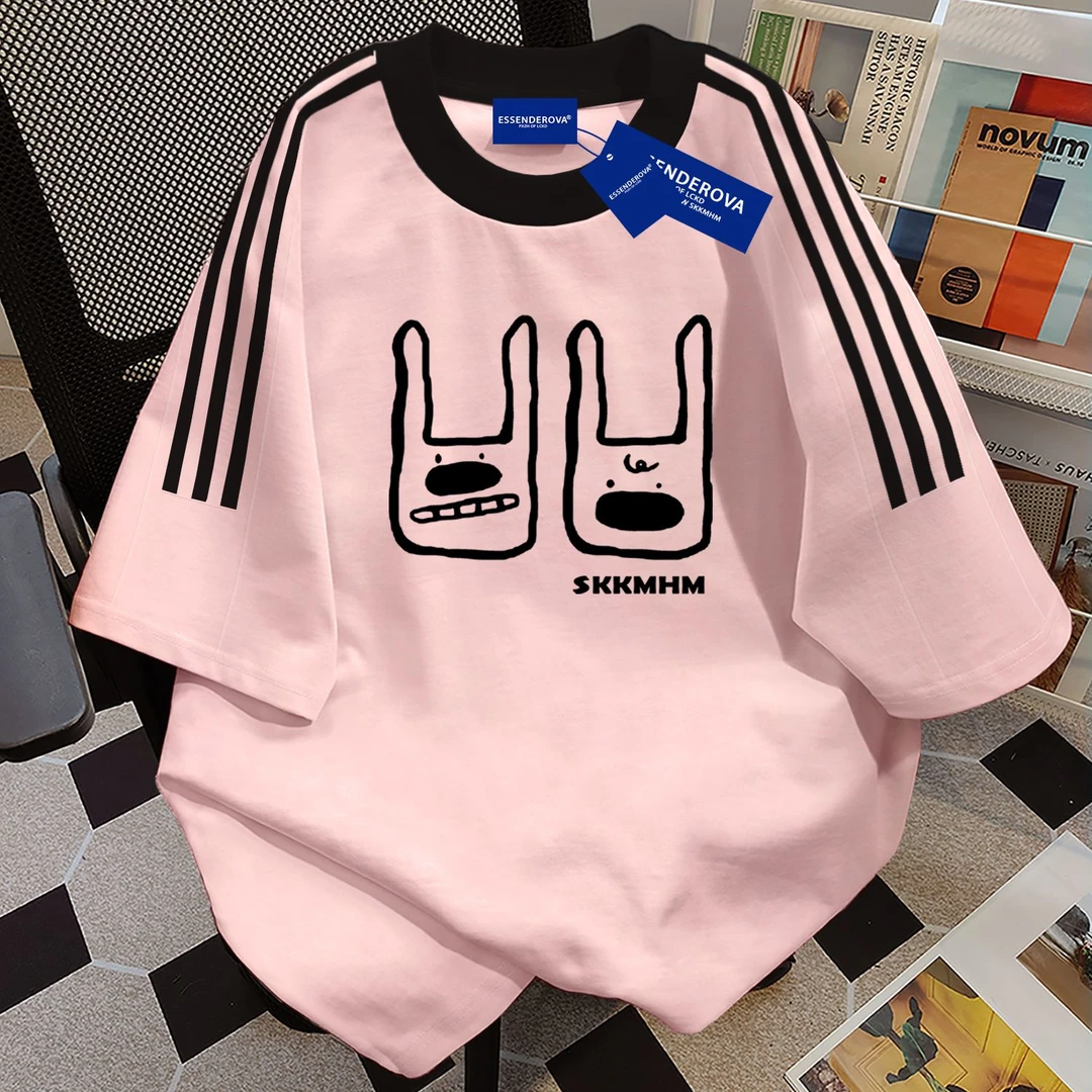 100%纯棉日系甜美风三条杠圆领短袖t恤男女夏季新款宽松情侣上衣