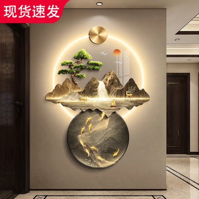 新中式玄关装饰画流水生财山水画入户门挂画走廊过道高档立体壁饰