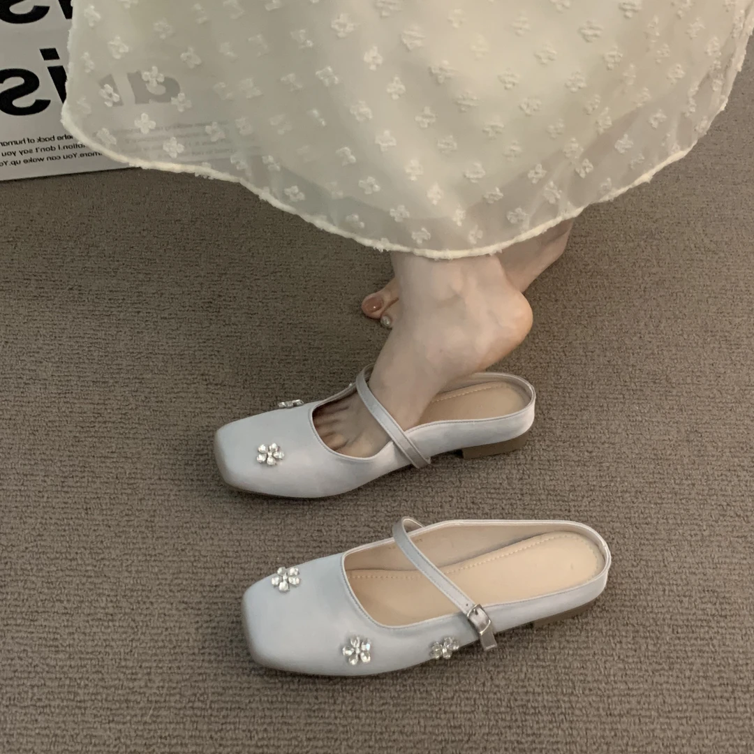 法式高级银色包头半拖鞋女鞋子外穿2025新款春夏季温柔玛丽珍单鞋