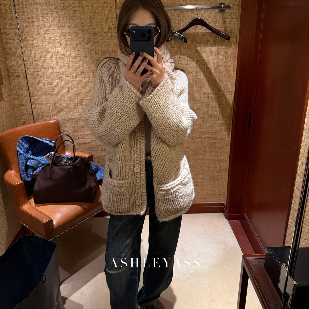 【ASHLEYASS】“粗针双色高克重羊毛开衫”手工毛针织衫LSM251675S