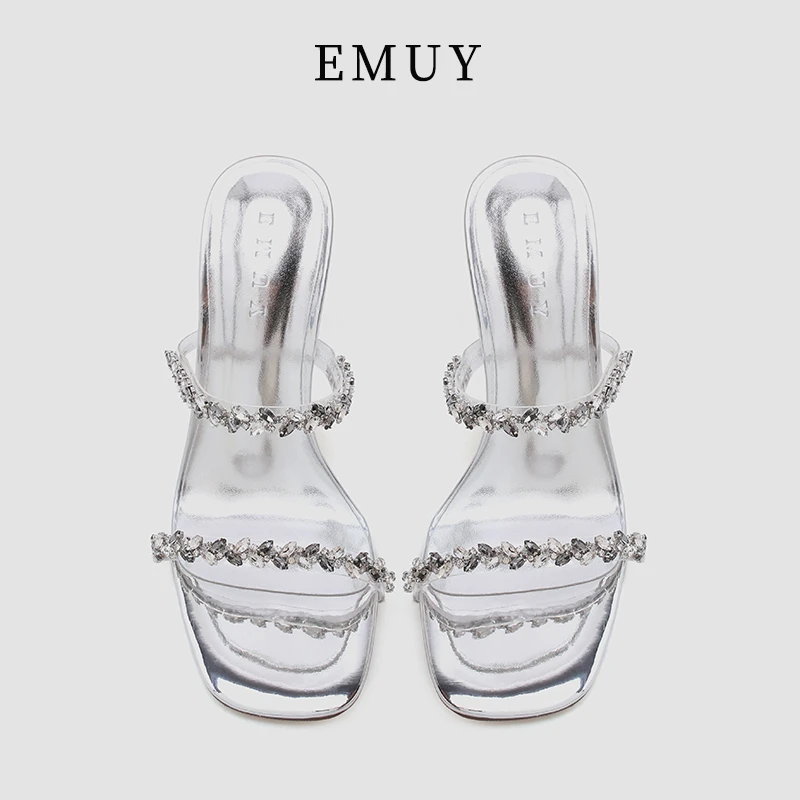 emuy轻奢女鞋银色电镀高跟鞋女细跟拖鞋夏季新款性感链条水钻凉鞋
