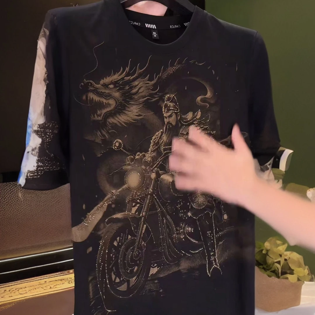2025新款关公摩托男士短袖烫钻印花时尚黑色休闲设计师