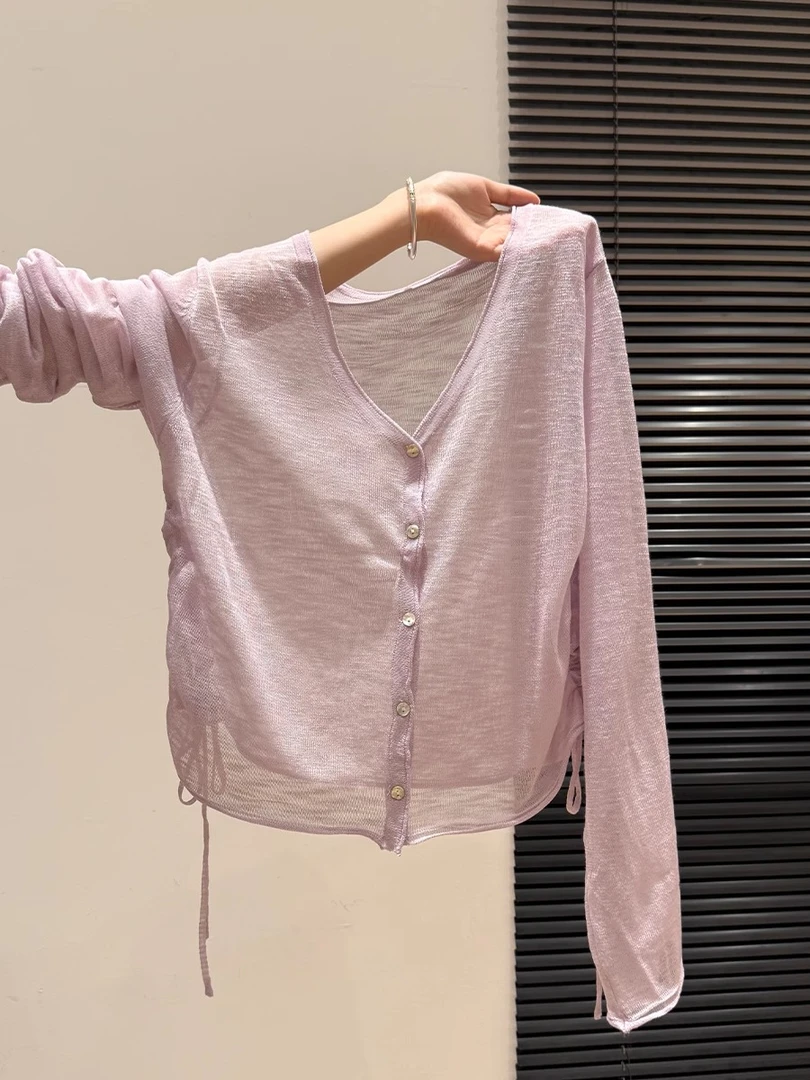 紫色V领防晒时尚长袖开衫女2025夏季新款气质抽绳设计感薄款上衣