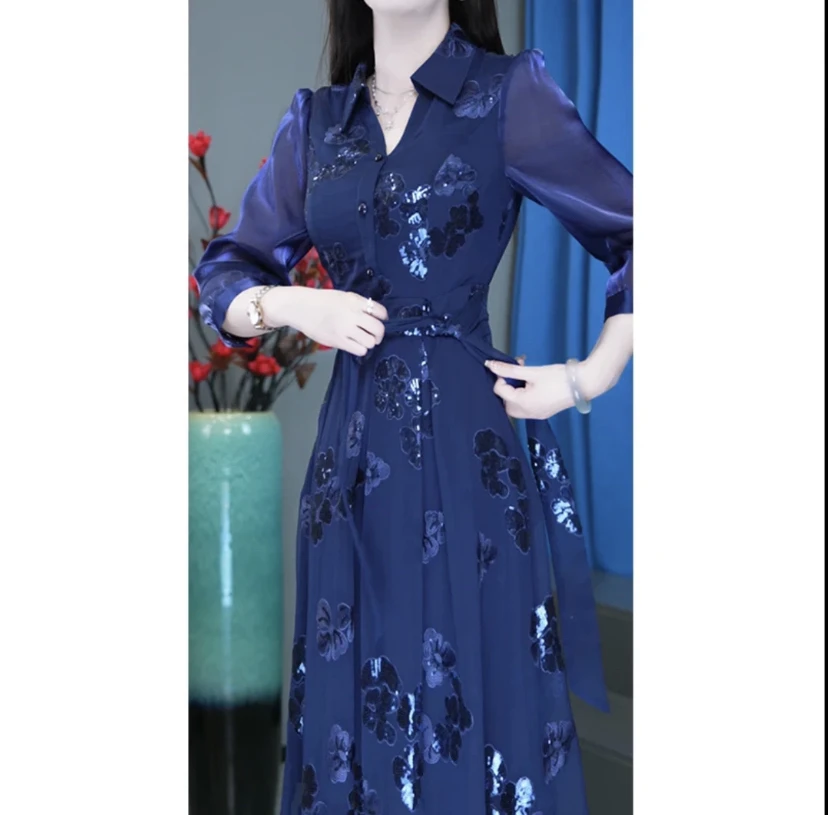 梦莎姿女装连衣裙2025春季新款洋气显瘦收腰中长款复古气质裙子