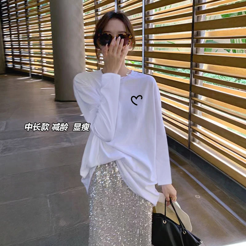 2025春装新款女装圆领中长款白色t恤女遮屁股宽松长袖纯色上衣女