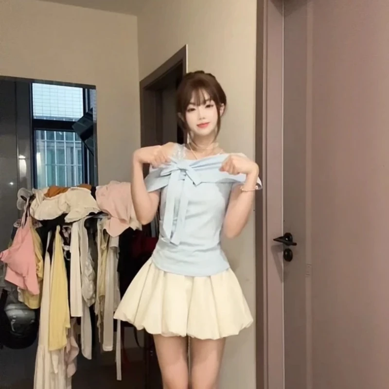 【天猫质量】显瘦夏季气质甜美设计感一字肩纯欲T恤女夏新款蝴蝶