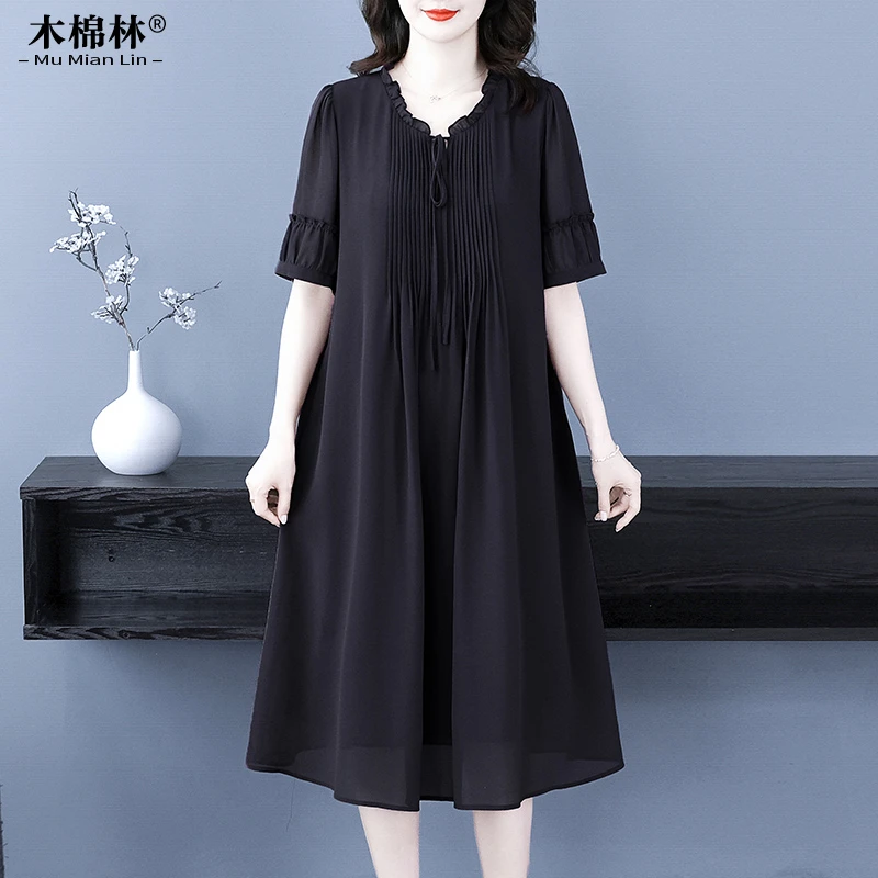 木棉林大码女装连衣裙新款阔太太简约V领显瘦裙子250889