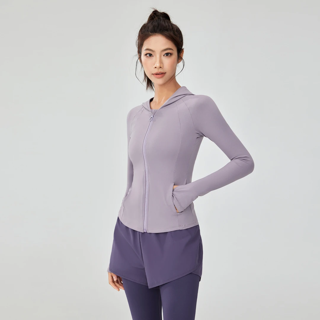 【75号】J34812Y运动女户外晨跑长袖外套健身服连帽瑜伽上衣MCY