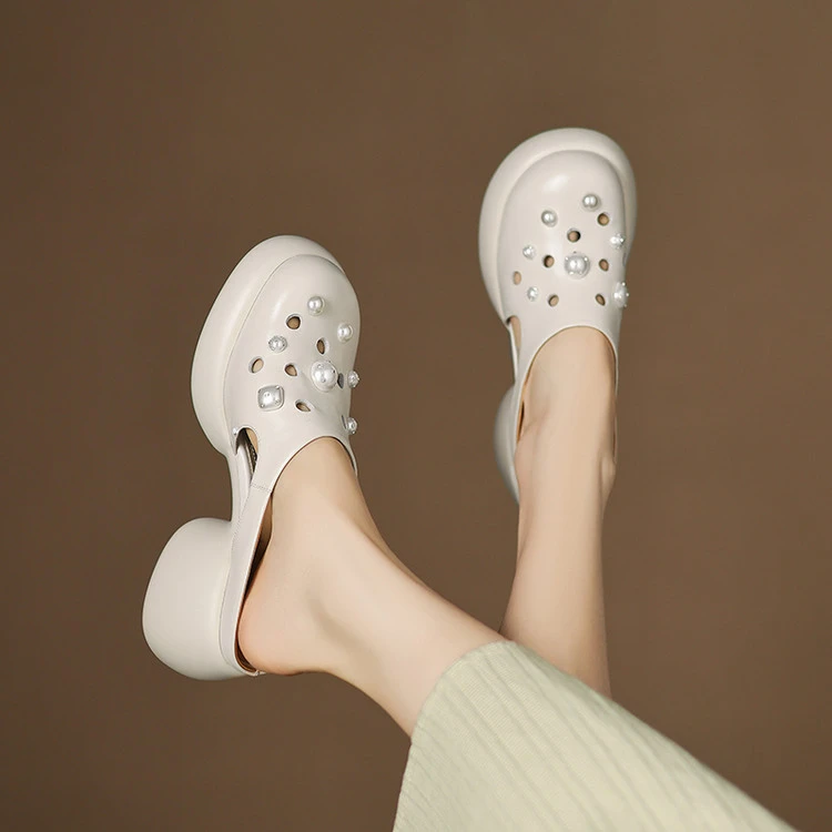 软牛皮~6cm软底米白色镂空透气夏季包头拖鞋真皮珍珠法式半拖鞋女