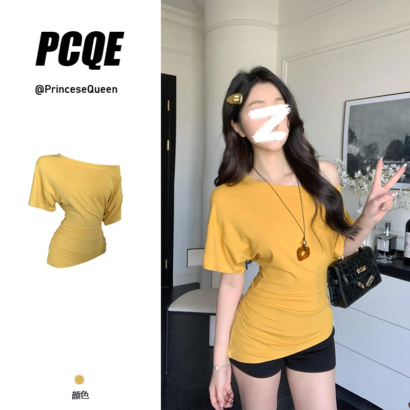 显瘦一字肩斜肩短袖T恤女夏2025不规则修身辣妹气质露肩百搭上衣
